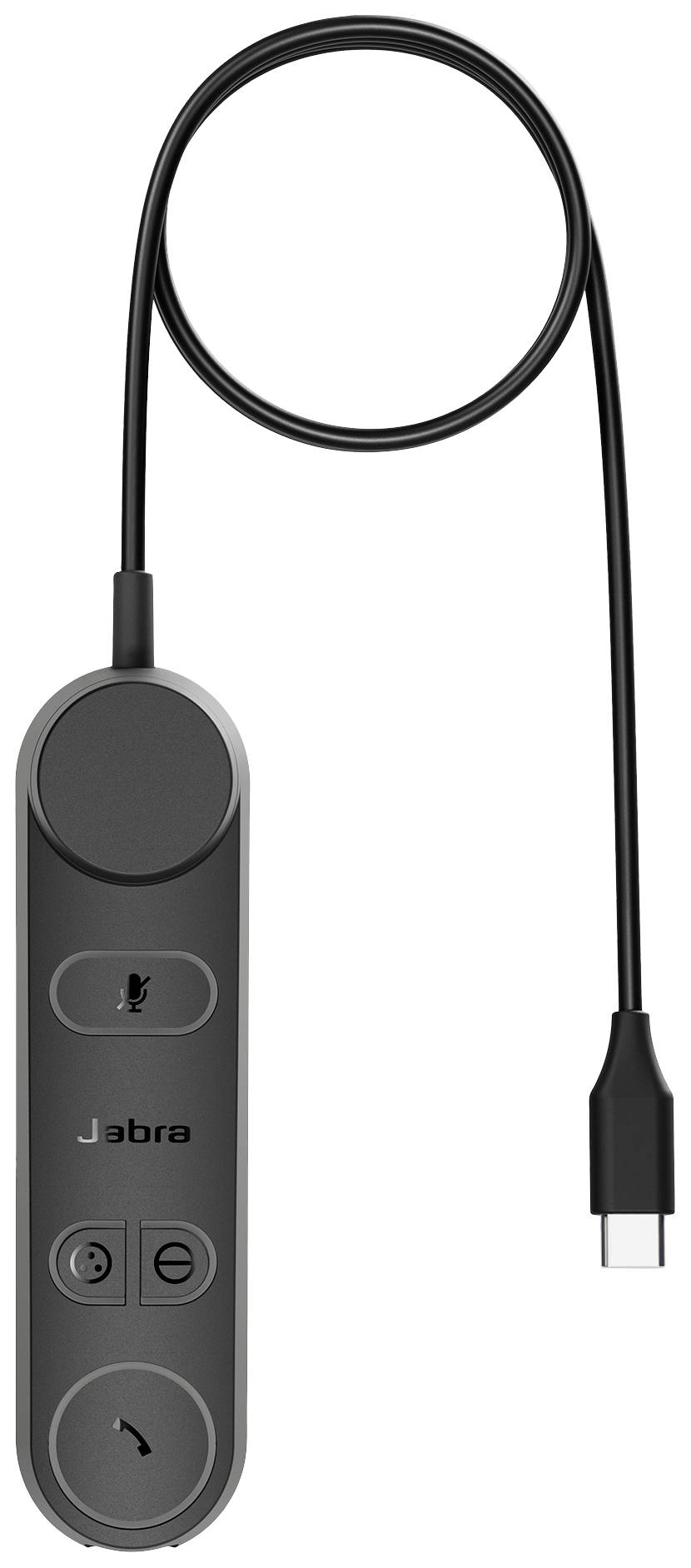 'Pannello di controllo per cuffie Jabra nero con connettore USB-C, pulsante di silenziamento del microfono e tasti per il controllo del volume.'