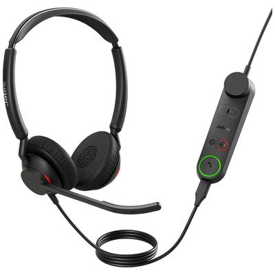 Un headset nero con cavo, dotato di microfono e unità di controllo. Ideale per una comunicazione chiara in ufficio.