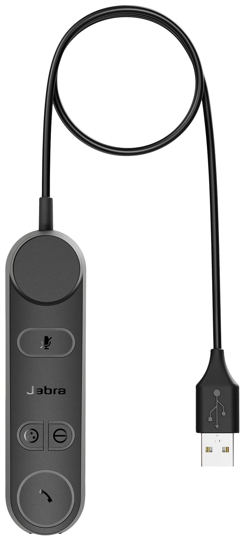 Un adattatore USB Jabra con interruttore di silenziamento del microfono integrato e controllo del volume, collegato tramite cavo USB.