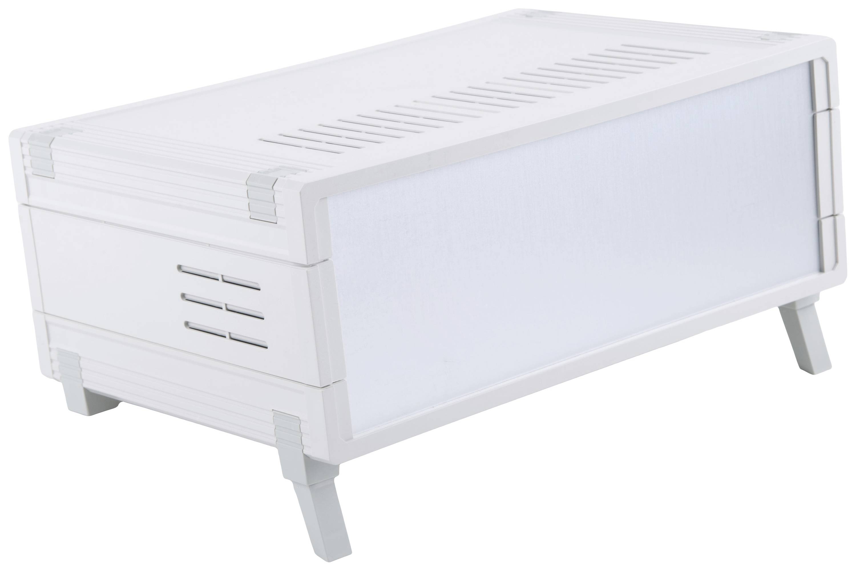 Scatola bianca rettangolare con fessure di ventilazione e piedini rialzati, adatta per dispositivi elettronici o stoccaggio.
