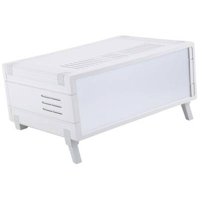 Scatola bianca rettangolare con fessure di ventilazione e piedini rialzati, adatta per dispositivi elettronici o stoccaggio.