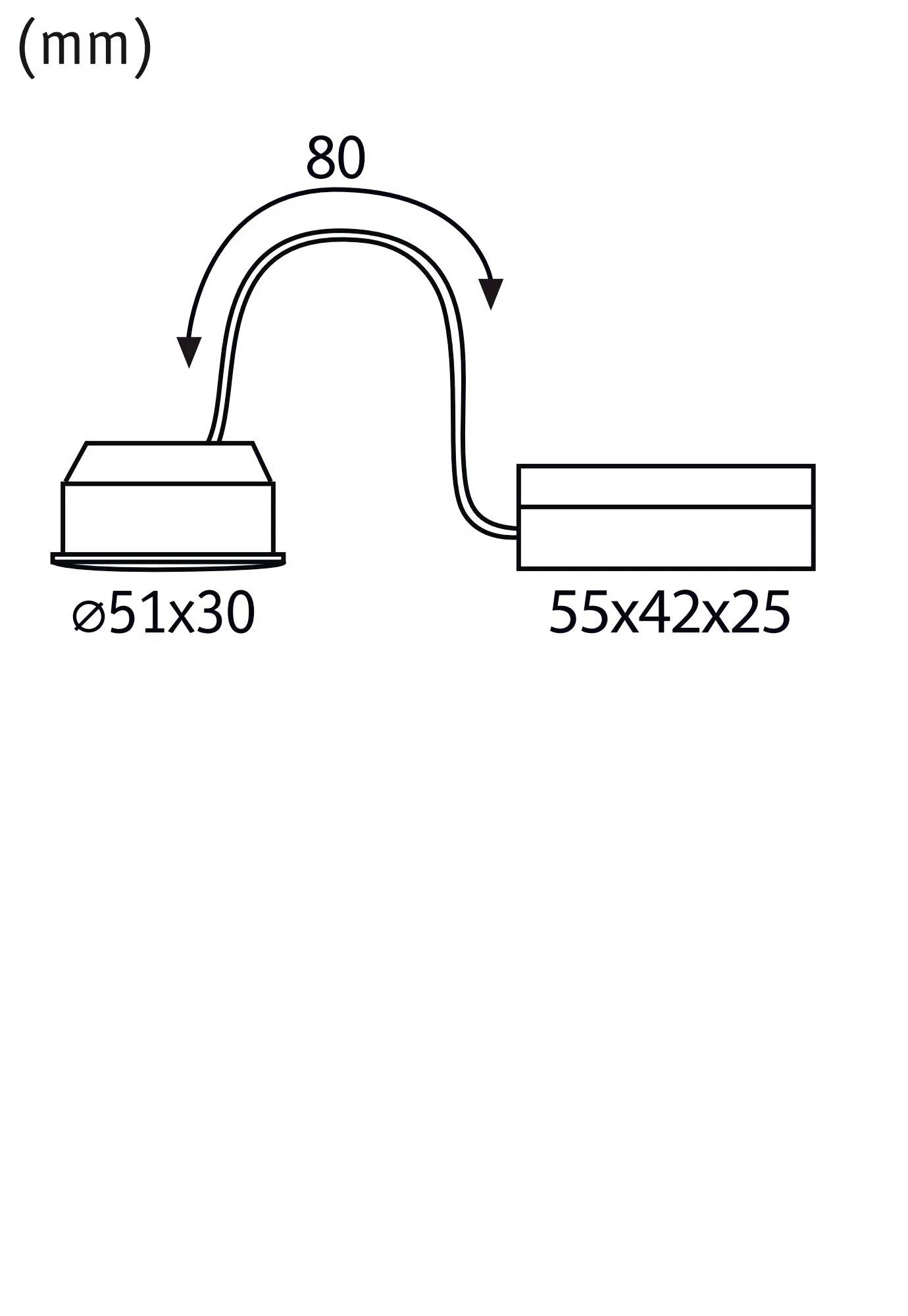 Diagramma di due forme geometriche connesse, con dimensioni: cilindro a sinistra 'ø51x30', scatola a destra '55x42x25', collegate da una linea curva da 80 mm.