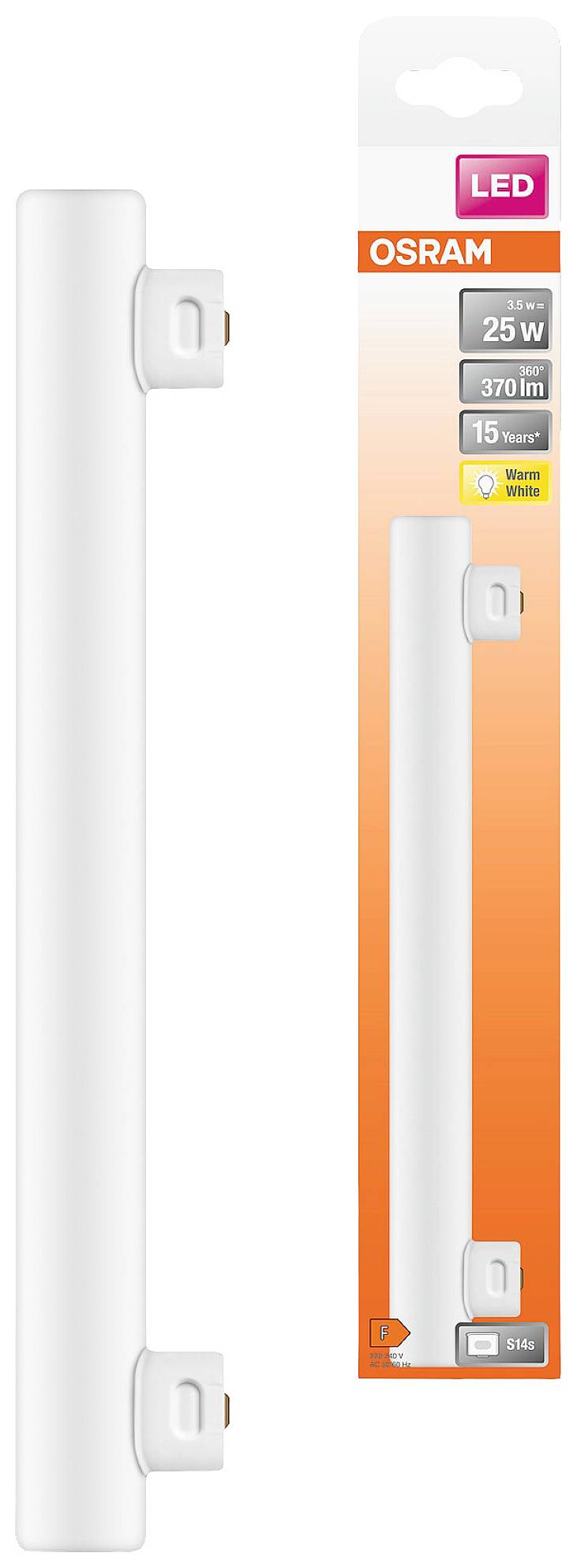 'Tubo fluorescente a LED OSRAM in confezione bianca. Specifiche: 25 W, 370 lm, durata 15 anni, luce bianca calda.'