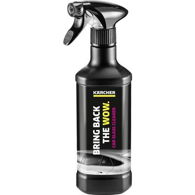 Una bottiglia nera con spray, etichettata con 'Kärcher' e 'Bring Back the Wow. Car Glass Cleaner', mostra un'auto in basso.