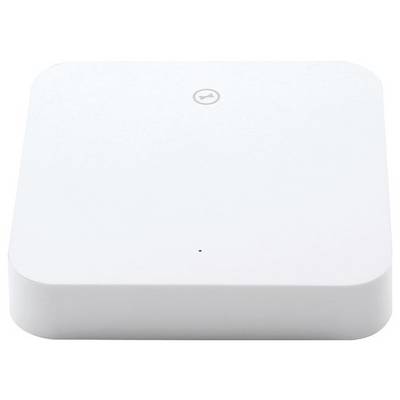 Un dispositivo elettronico bianco, quadrato, dal design minimale con un piccolo simbolo situato al centro nella parte superiore.