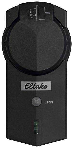 Telecomando nero con scritto 'Eltako'. In alto un simbolo di una spina con 'Solo IPX4'. I tasti non sono visibili.