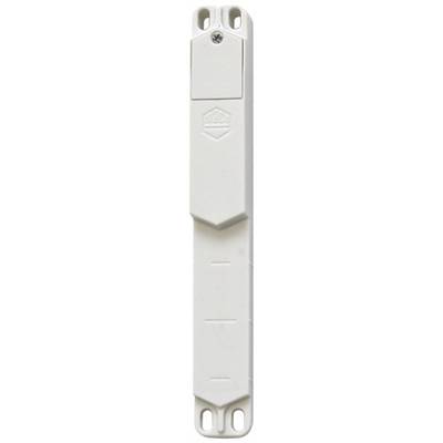 Un involucro di plastica bianco, allungato, con estremità arrotondate e un foro per vite sia in alto che in basso. Logo del marchio inciso al centro.