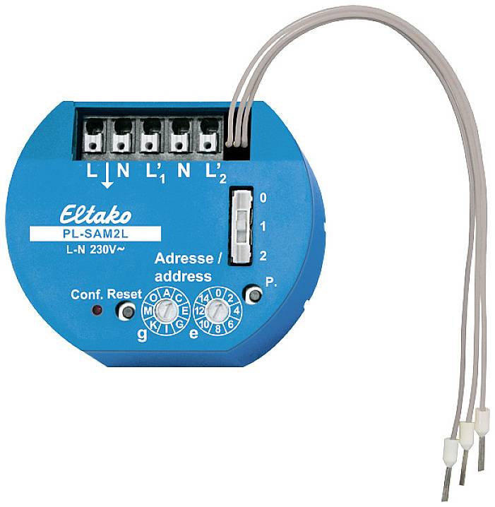 Dispositivo rotondo di Eltako, modello PL-SAM2L, che mostra le possibilità di connessione per cavi elettrici e l'impostazione dell'indirizzo sul lato frontale.