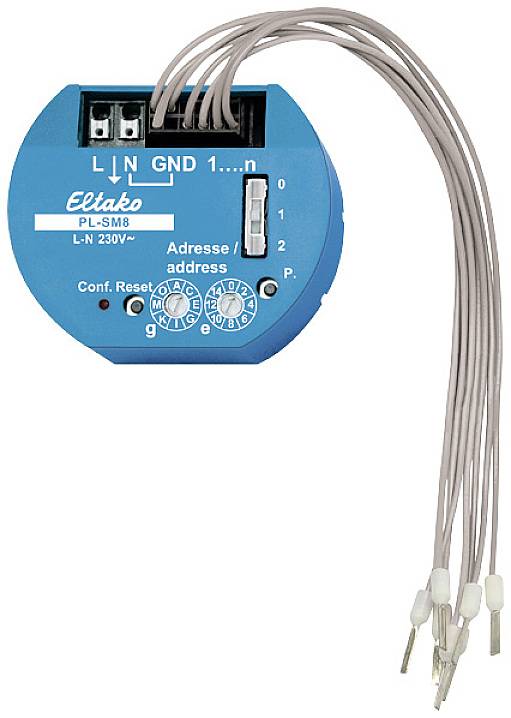 Un Eltako PL-SM8 blu con cavi. Etichette 'L In', 'N', 'GND' e 'Indirizzo'. Utilizzo: sistemi di automazione e controllo.