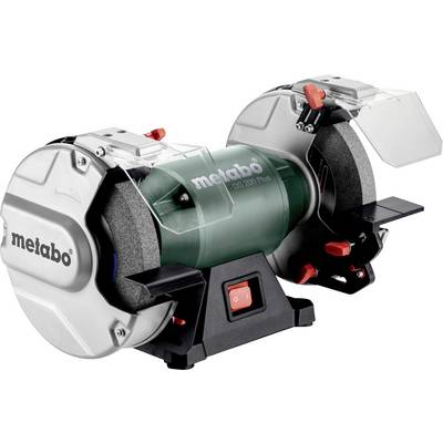 Un smerigliatrice da banco Metabo con due mole abrasive, coperture protettive e un interruttore di accensione centrale, mostrata su uno sfondo bianco.
