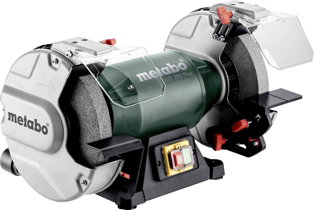 Smerigliatrice da banco Metabo con doppi dischi abrasivi, schermi protettivi e interruttore di alimentazione su base nera.