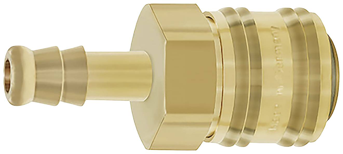 Raccordo rapido in ottone con superficie zigrinata e dado esagonale di serraggio, idoneo per sistemi ad aria compressa.