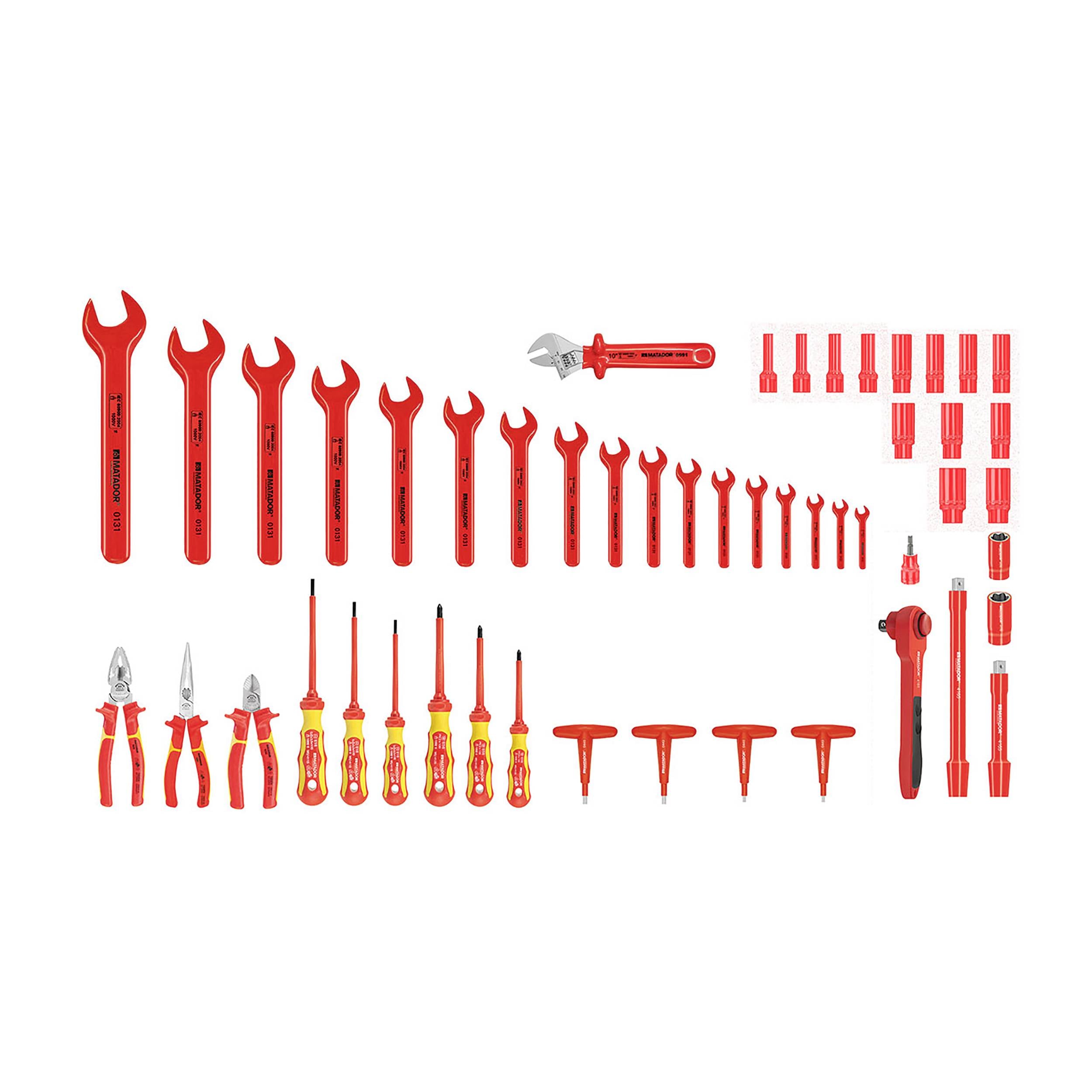Un set di utensili da lavoro isolati, tra cui chiavi inglesi, cacciaviti e pinze, prevalentemente di colore rosso.