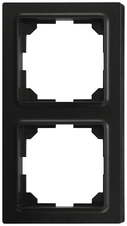 Cornice doppia nera per due prese elettriche. Forma rettangolare con disposizione verticale delle aperture.