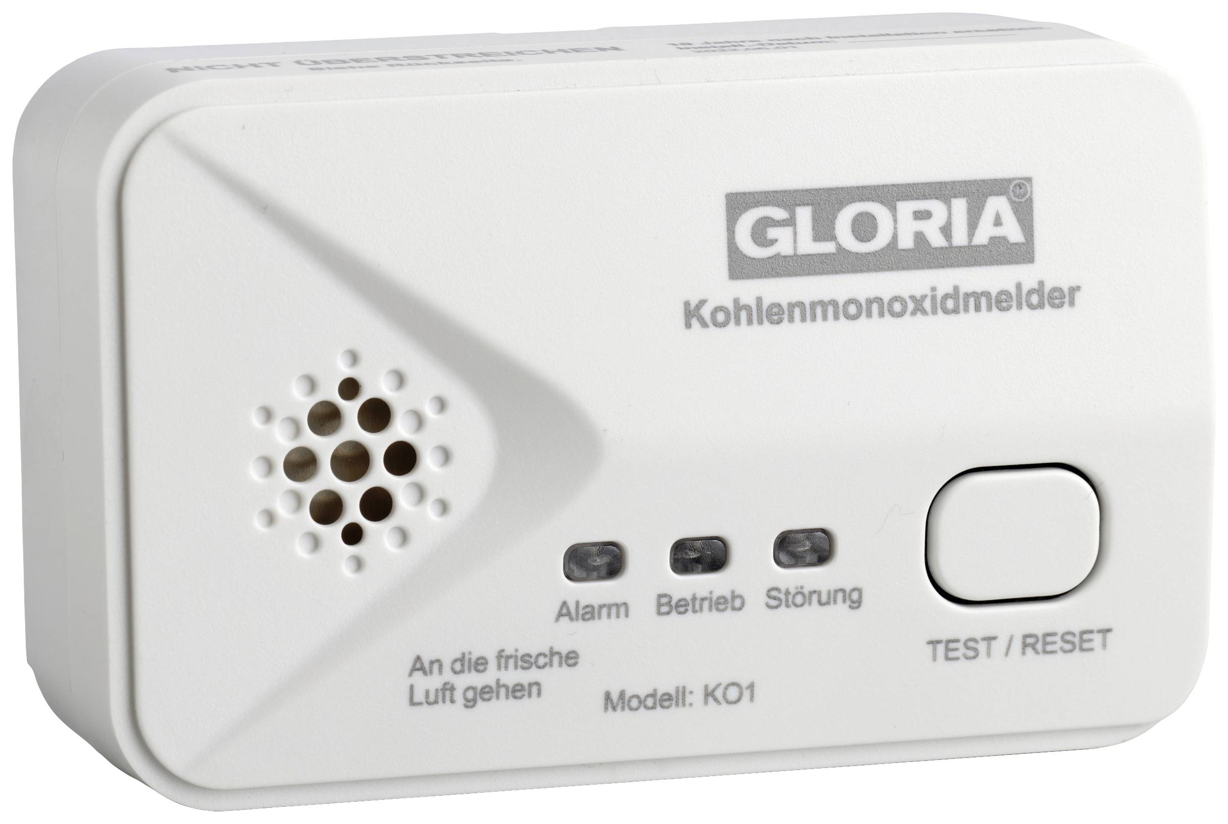 Un rilevatore di monossido di carbonio bianco con altoparlante e tre LED per allarme, funzionamento e guasto. Iscrizione: 'Rilevatore di monossido di carbonio GLORIA'.