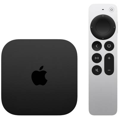 Apple TV nero con logo a forma di mela e telecomando argentato con touchpad e tasti per volume, menu e riproduzione.
