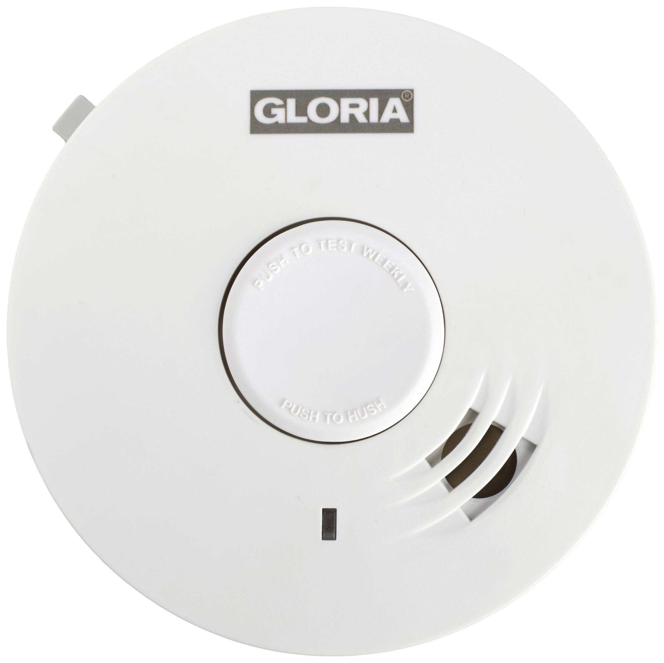 Rilevatore di fumo visto dall'alto con la scritta 'GLORIA'. Include un tasto di test e fessure di ventilazione per il rilevamento del fumo.