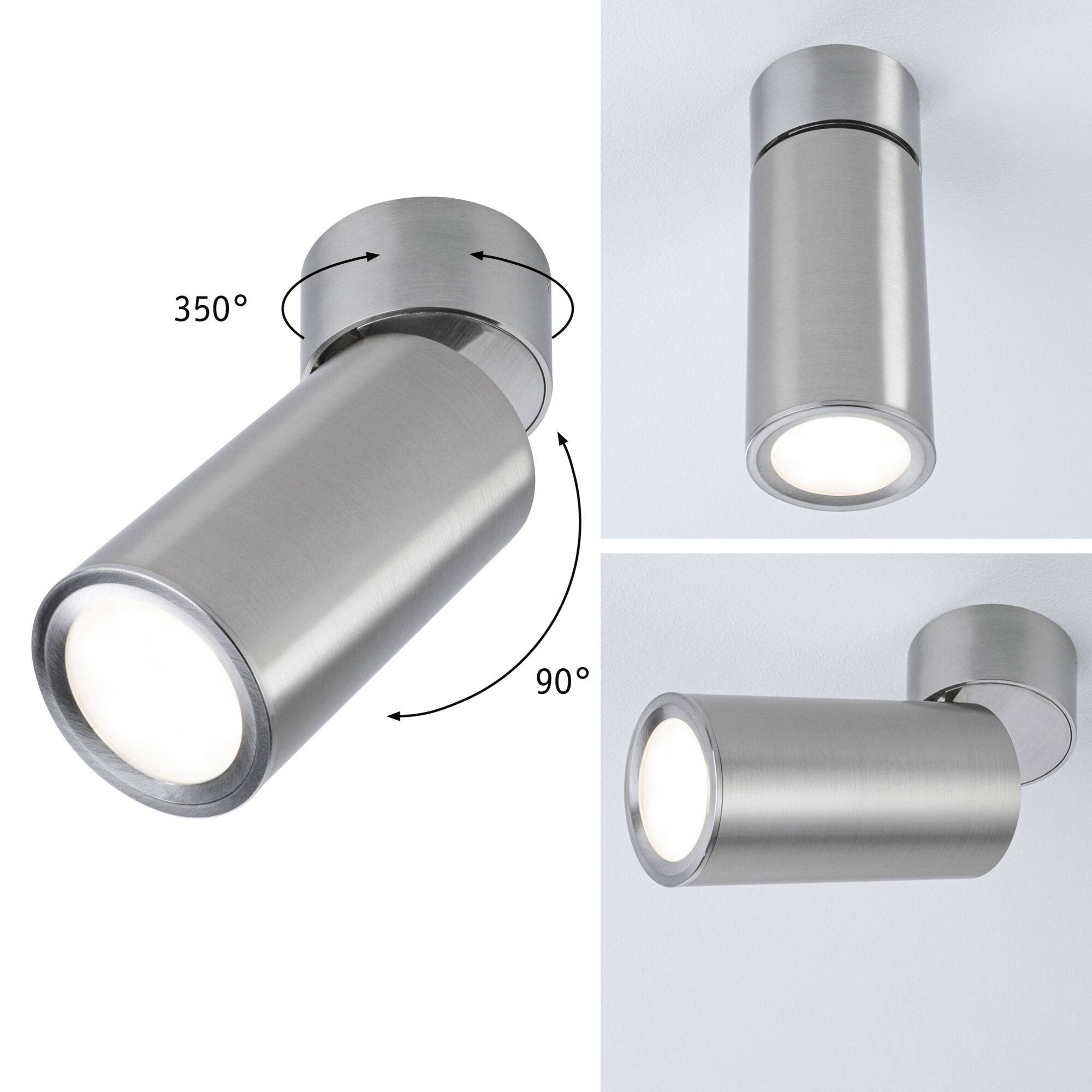Moderna applique a LED in argento, ruotabile di 350 gradi e inclinabile di 90 gradi, per un'illuminazione flessibile degli ambienti.