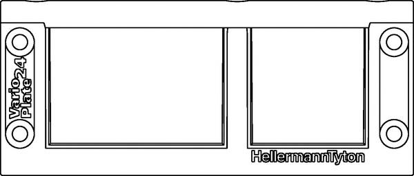 Un telaio adattatore rettangolare con due aperture, a sinistra etichettato come 'VarioPlate 24', a destra 'HellermannTyton'.