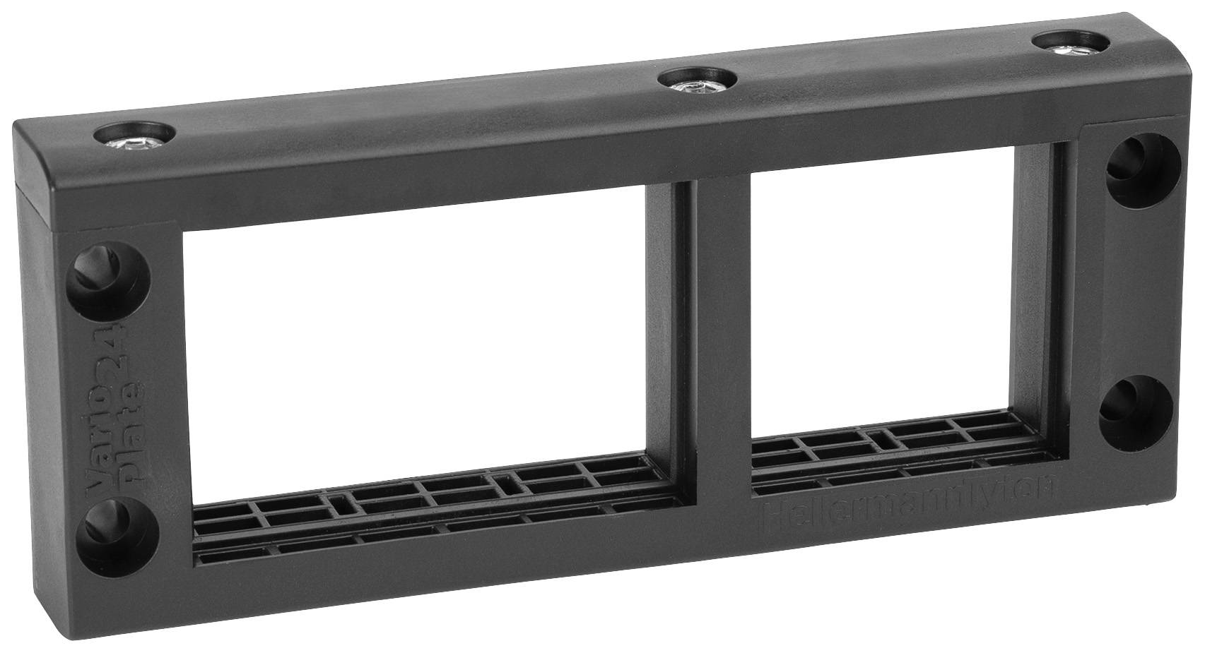 Supporto rettangolare nero in plastica con due vani aperti rettangolari e fori per viti agli angoli, progettato per il montaggio.