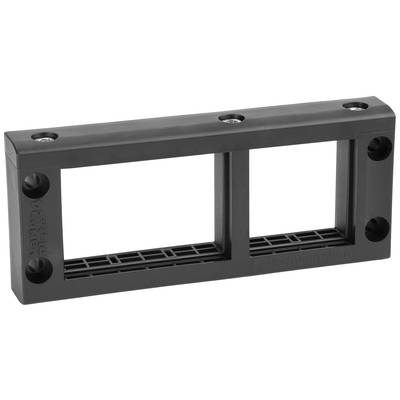 Supporto rettangolare nero in plastica con due vani aperti rettangolari e fori per viti agli angoli, progettato per il montaggio.