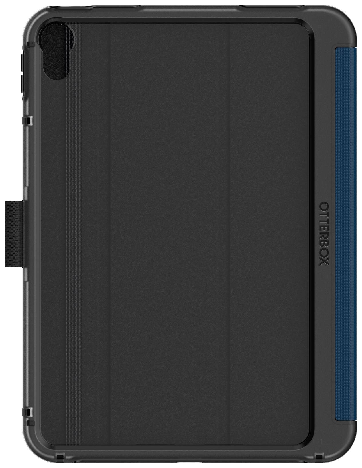 Una custodia nera per tablet di OtterBox con accenti blu e un supporto per penna sul lato.