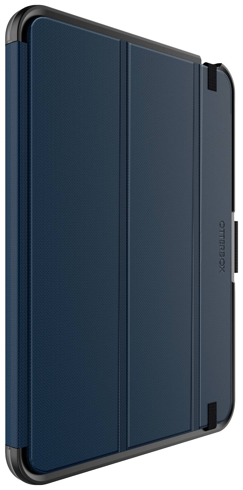 Un custodia per tablet blu scuro in posizione verticale con un design rettangolare e un bordo nero.