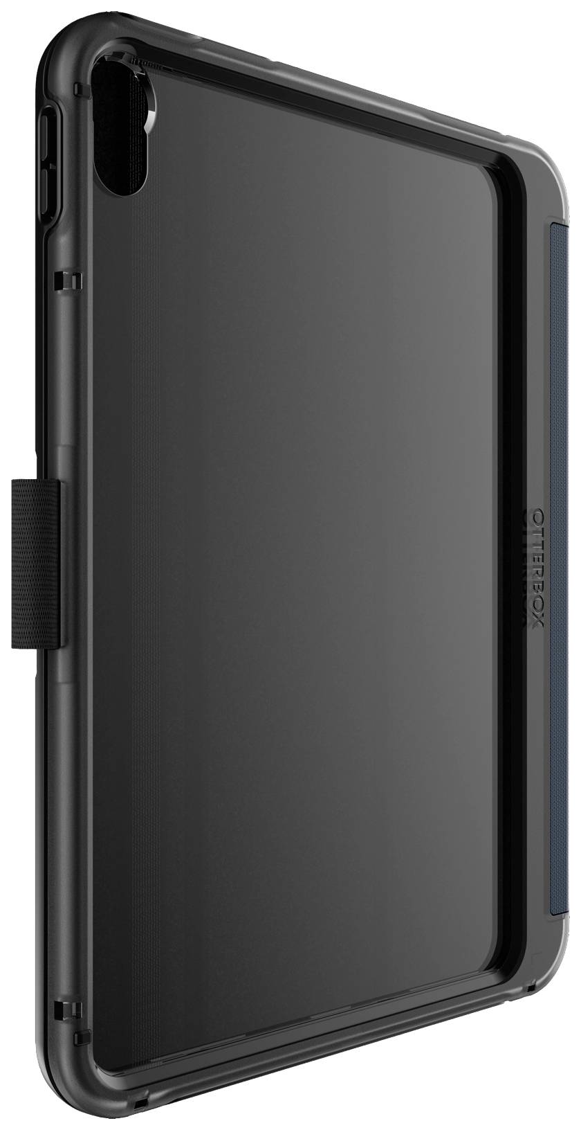 Tablet nero in una custodia protettiva OtterBox, visto di lato, con l'apertura della fotocamera visibile e il supporto per la penna sul bordo.