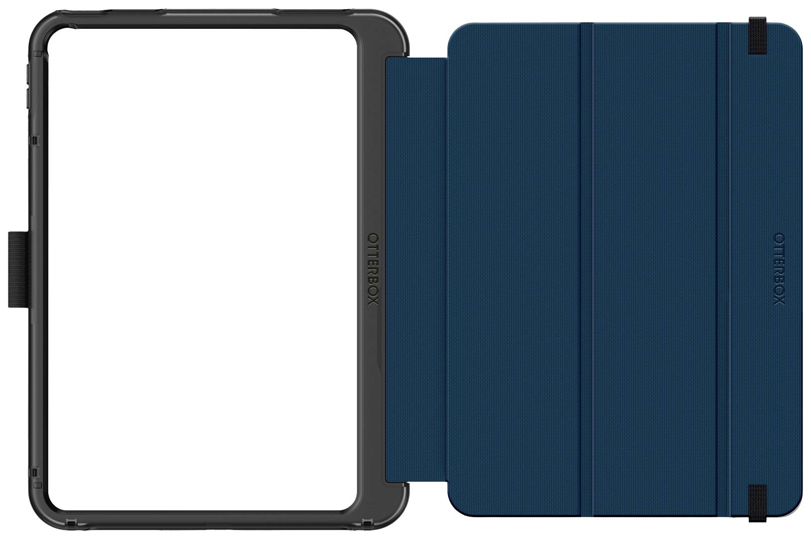 Custodia protettiva per tablet di OtterBox in blu scuro con chiusura magnetica, aperta, che mostra il lato interno ed esterno.