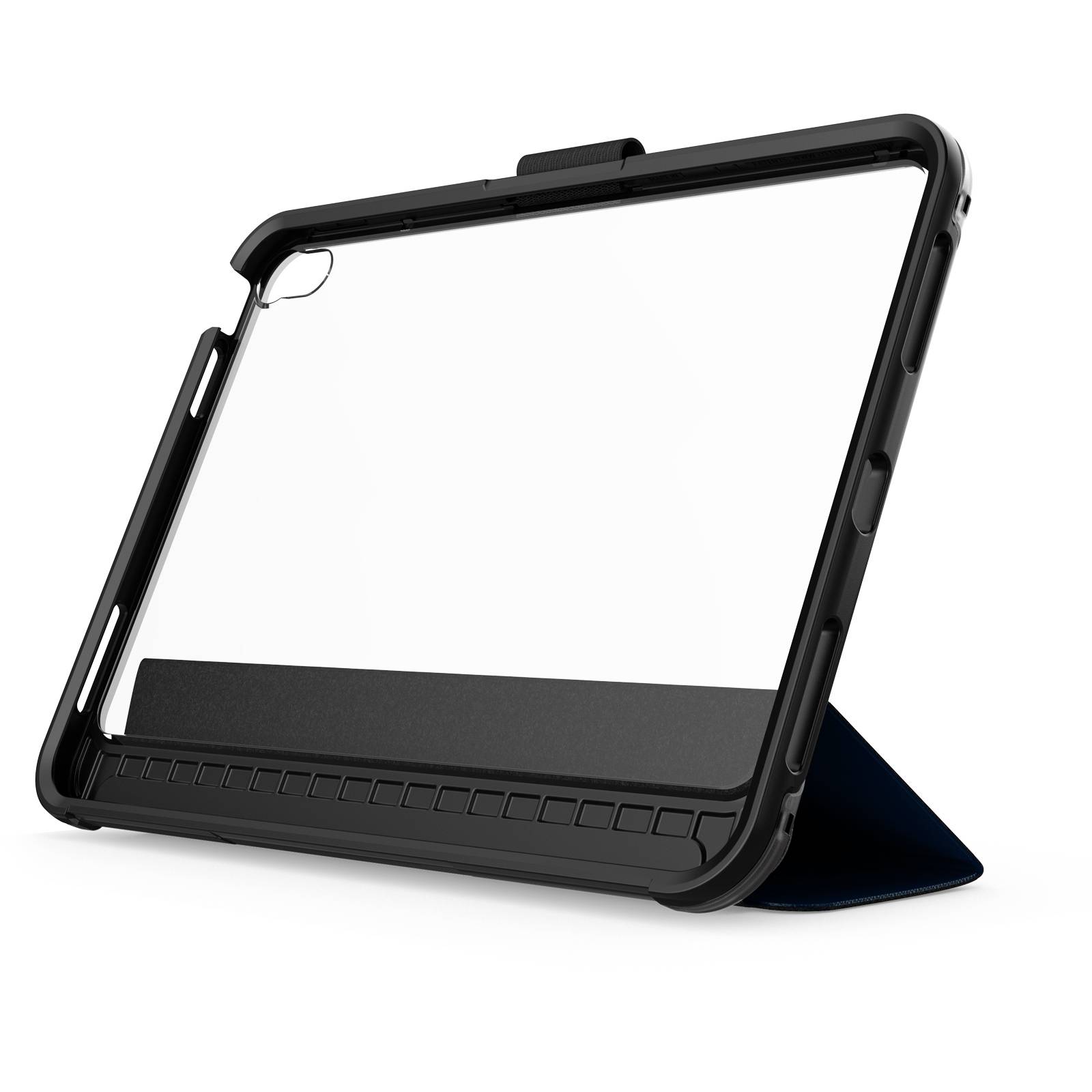 Una custodia nera per tablet con funzione di supporto, mostrata aperta e in vista laterale. Offre protezione e sostegno per un tablet.