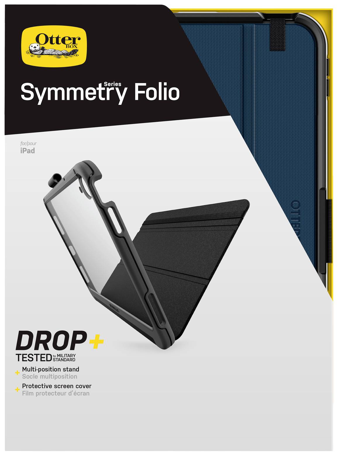 Packaging del prodotto per Otter Symmetry Folio. Mostra una custodia per tablet con supporto multiposizione e protezione dello schermo. Testata per cadute.