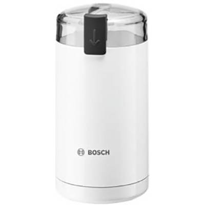 Macinacaffè elettrico bianco con coperchio trasparente e interruttore nero sulla parte superiore. Nome del marchio 'Bosch' sulla parte anteriore.
