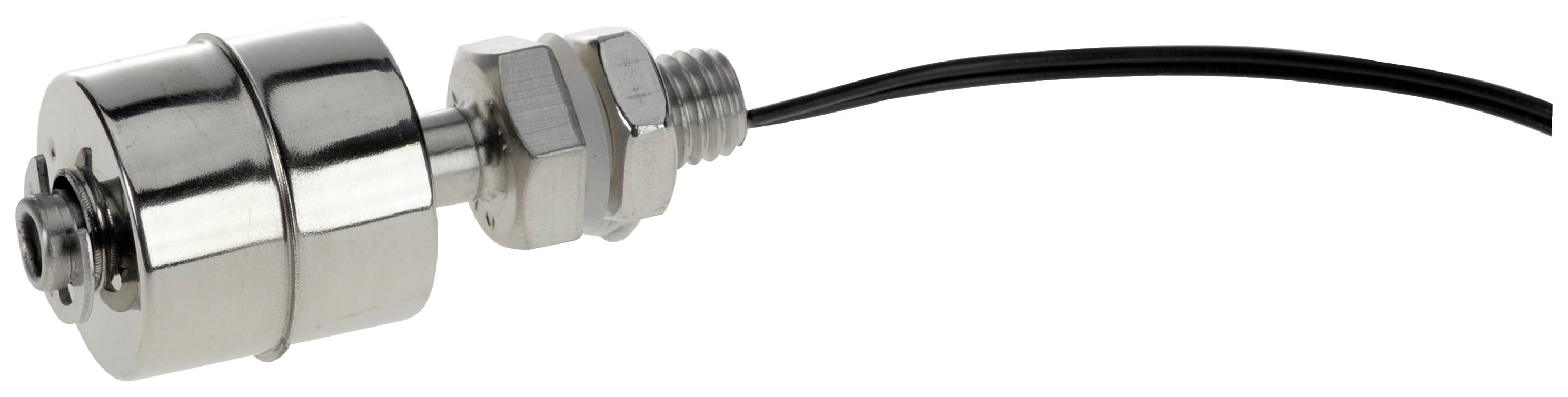 Interruttore di livello a galleggiante metallico con connessione via cavo, utilizzato per rilevare il livello di liquido in serbatoi o contenitori.