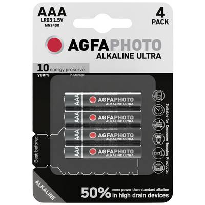 'AAA AGFAPHOTO Alkaline Ultra Batterie Confezione da 4. Conservazione fino a 10 anni. Adatte per dispositivi ad alto consumo. 50% più potenza.'