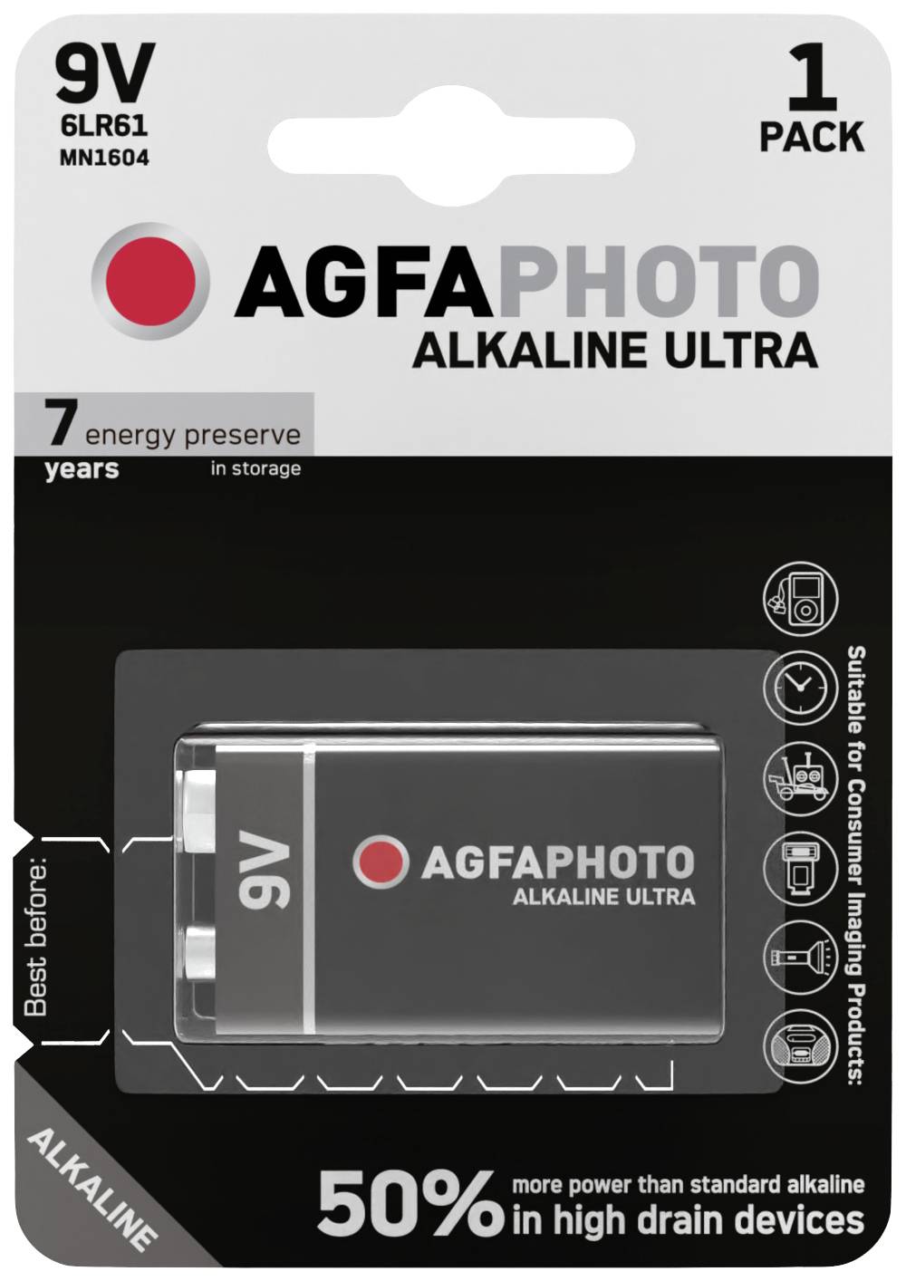 Una batteria alcalina da 9V di AgfaPhoto in una confezione blister, adatta per dispositivi ad alte prestazioni. La confezione indica il 50% di potenza in più.