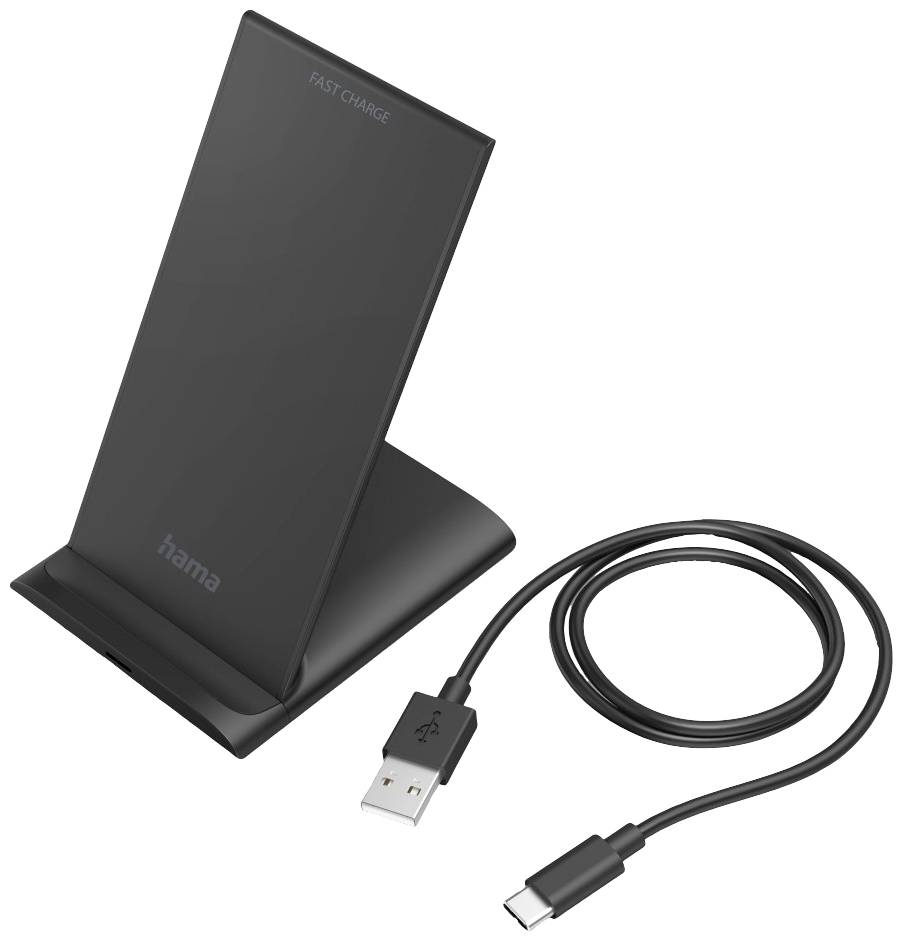 Caricabatterie wireless nero con cavo USB, supporto verticale, scritta 'Fast Charge', marca Hama, adatto per smartphone.