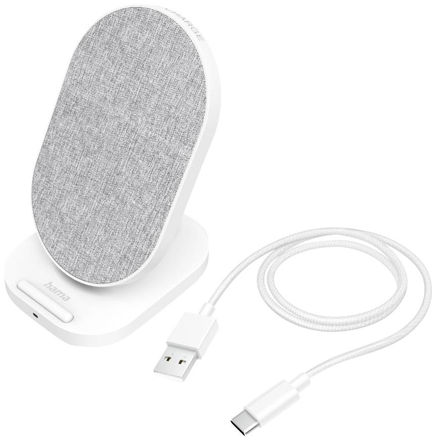 Stazione di ricarica wireless bianca con superficie in tessuto, accompagnata da un cavo USB-C bianco. Ideale per caricare uno smartphone.