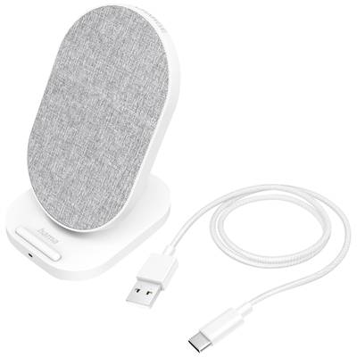 Stazione di ricarica wireless bianca con superficie in tessuto, accompagnata da un cavo USB-C bianco. Ideale per caricare uno smartphone.