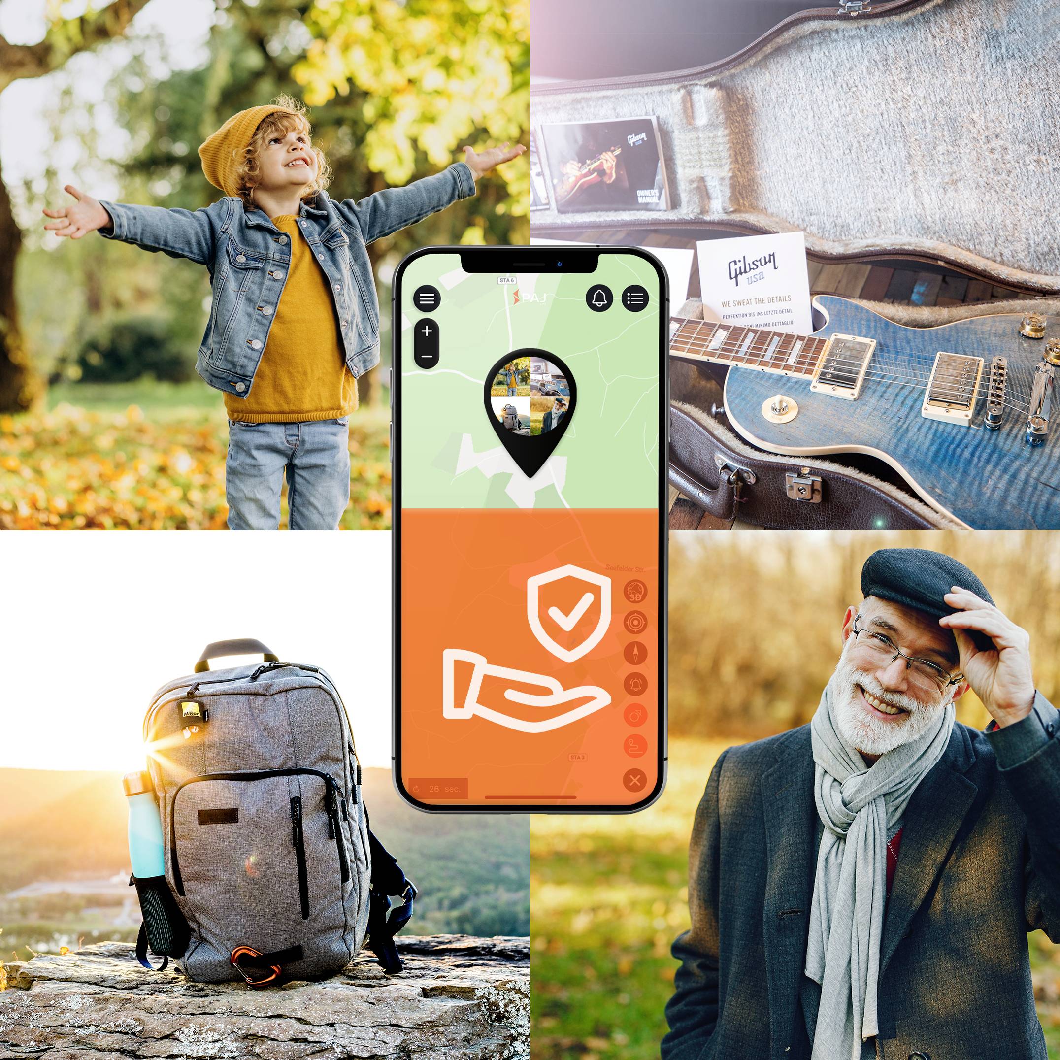 Un bambino in autunno, un astuccio con chitarra, uno zaino su un masso, un uomo anziano con berretto e un telefono con app assicurativa.