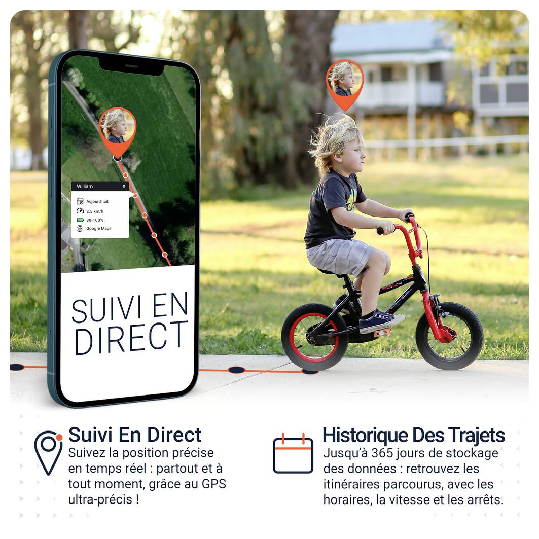 Pubblicità per l'app 'LIVE Ortung': Lo smartphone mostra il tracciamento della posizione di un bambino in bicicletta; il testo menziona 365 giorni di archiviazione, percorsi, orari, velocità e pause.