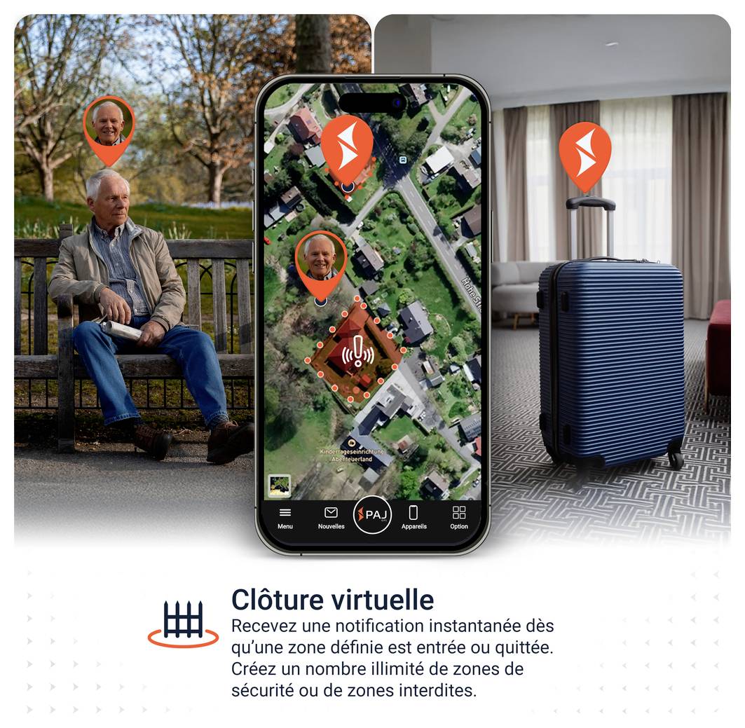 Grafica pubblicitaria per 'Area Sicura': Mappa sullo smartphone con zone sicure contrassegnate da allarme, accanto una persona all'aperto e una valigia in una stanza con marcatori di localizzazione.