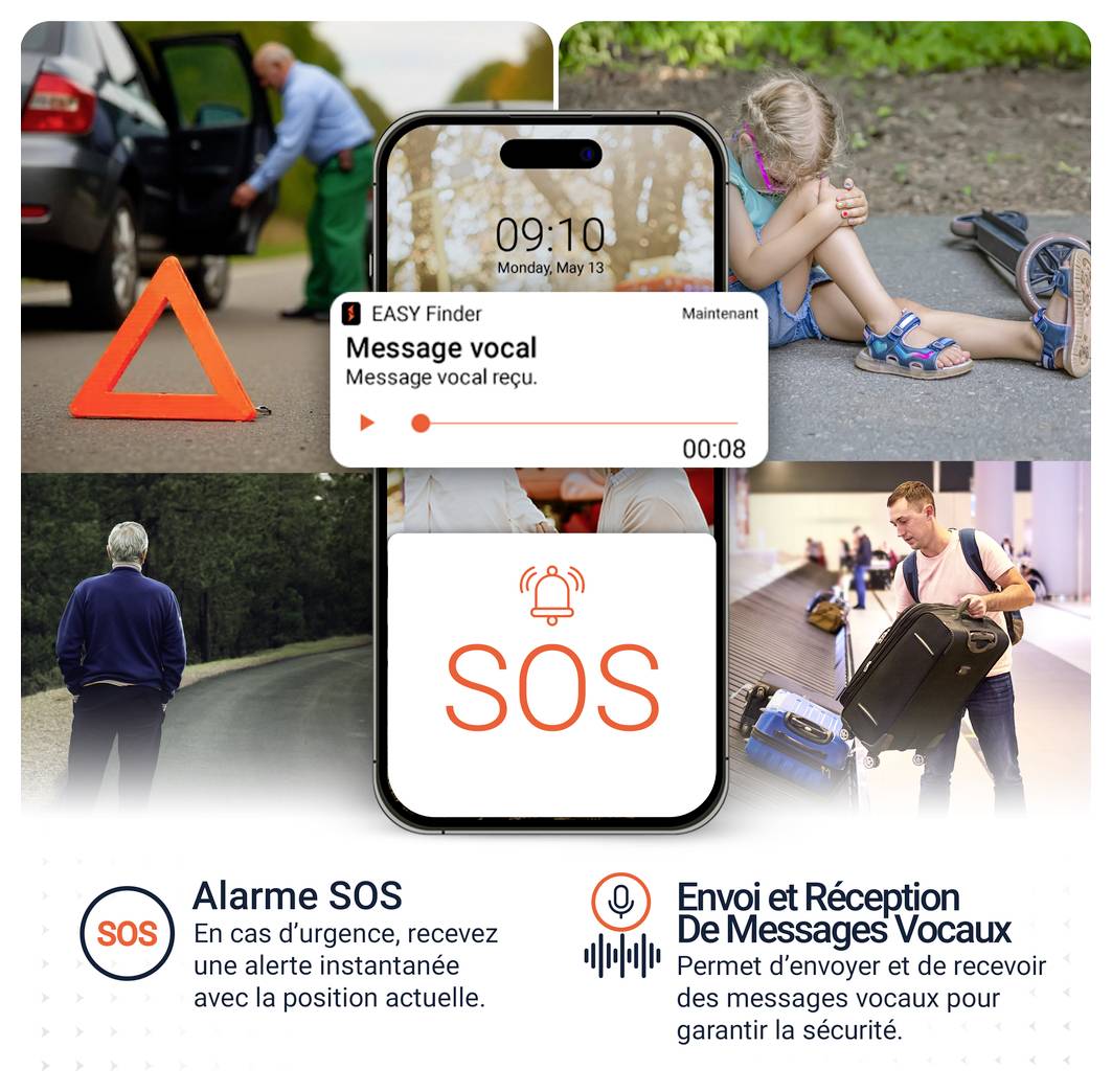 Grafica pubblicitaria per un'app di emergenza: smartphone con allarme SOS e messaggio vocale, circondato da scene di guasto, bambino, persona sola e viaggiatore; il testo spiega avviso di posizione e messaggi vocali.