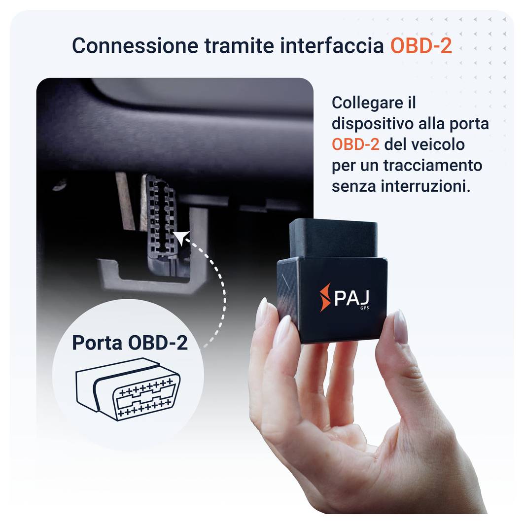 Collegamento di un dispositivo PAJ-GPS all'interfaccia OBD-2 nell'auto; Nota: 'Collegare semplicemente il dispositivo all'interfaccia OBD-2 del vostro veicolo.'