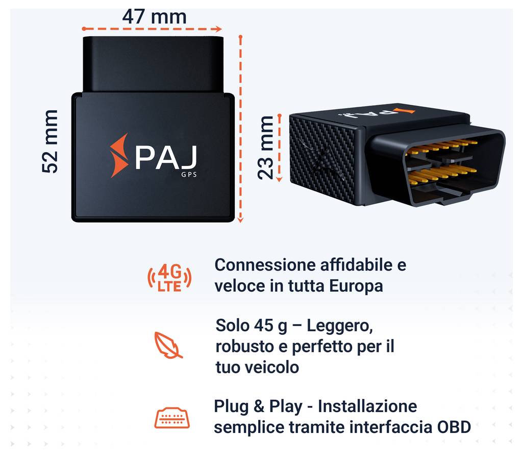 Grafica del prodotto di un rilevatore GPS OBD PAJ con dimensioni 47 x 52 x 23 mm; pubblicizza 4G/LTE, 45 g, Plug & Play e semplice installazione OBD.