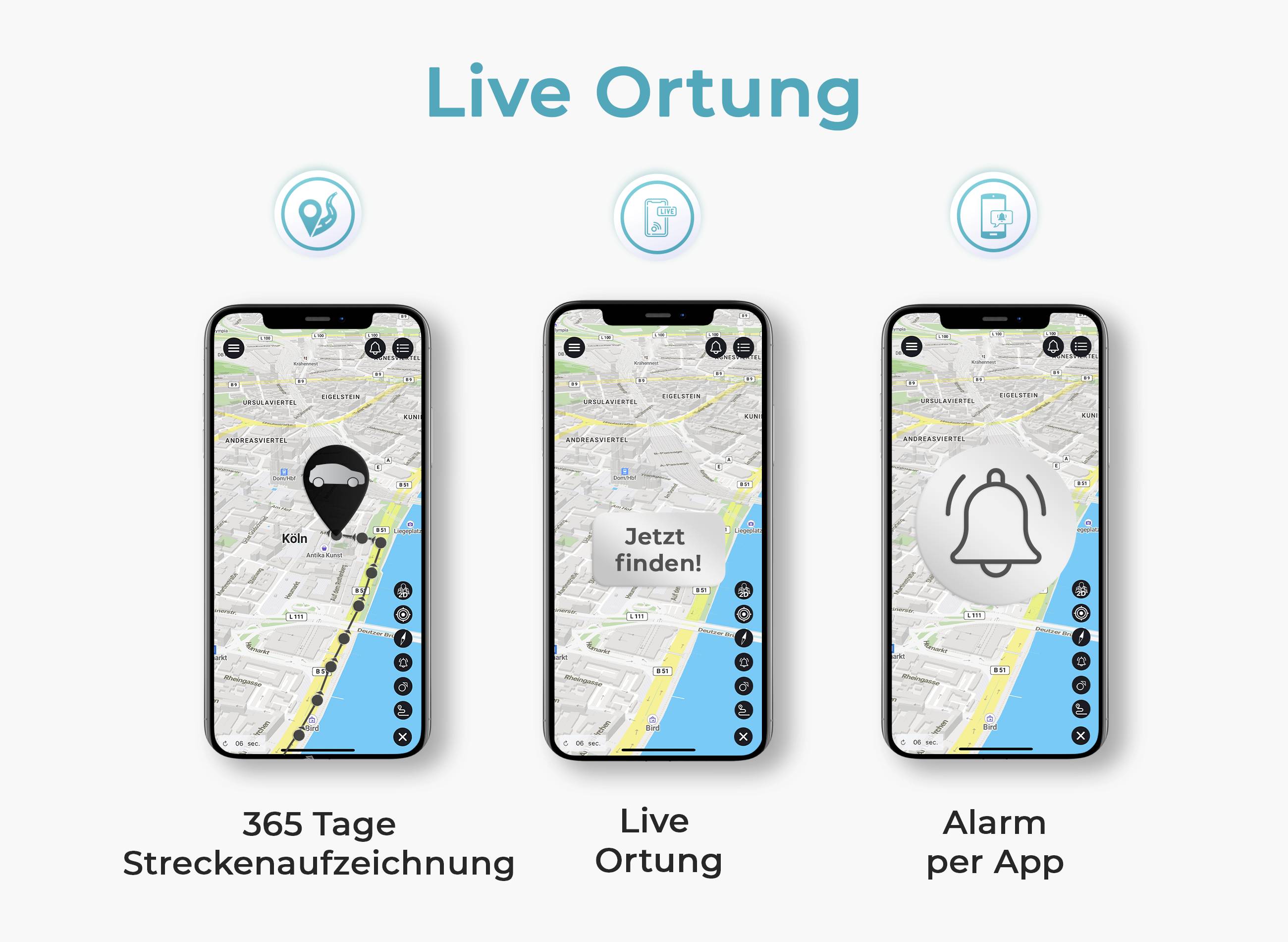 Tre schermi di smartphone mostrano un'app mobile per il tracciamento della posizione. Funzioni: registrazione del percorso, localizzazione in tempo reale, notifica di allarme.