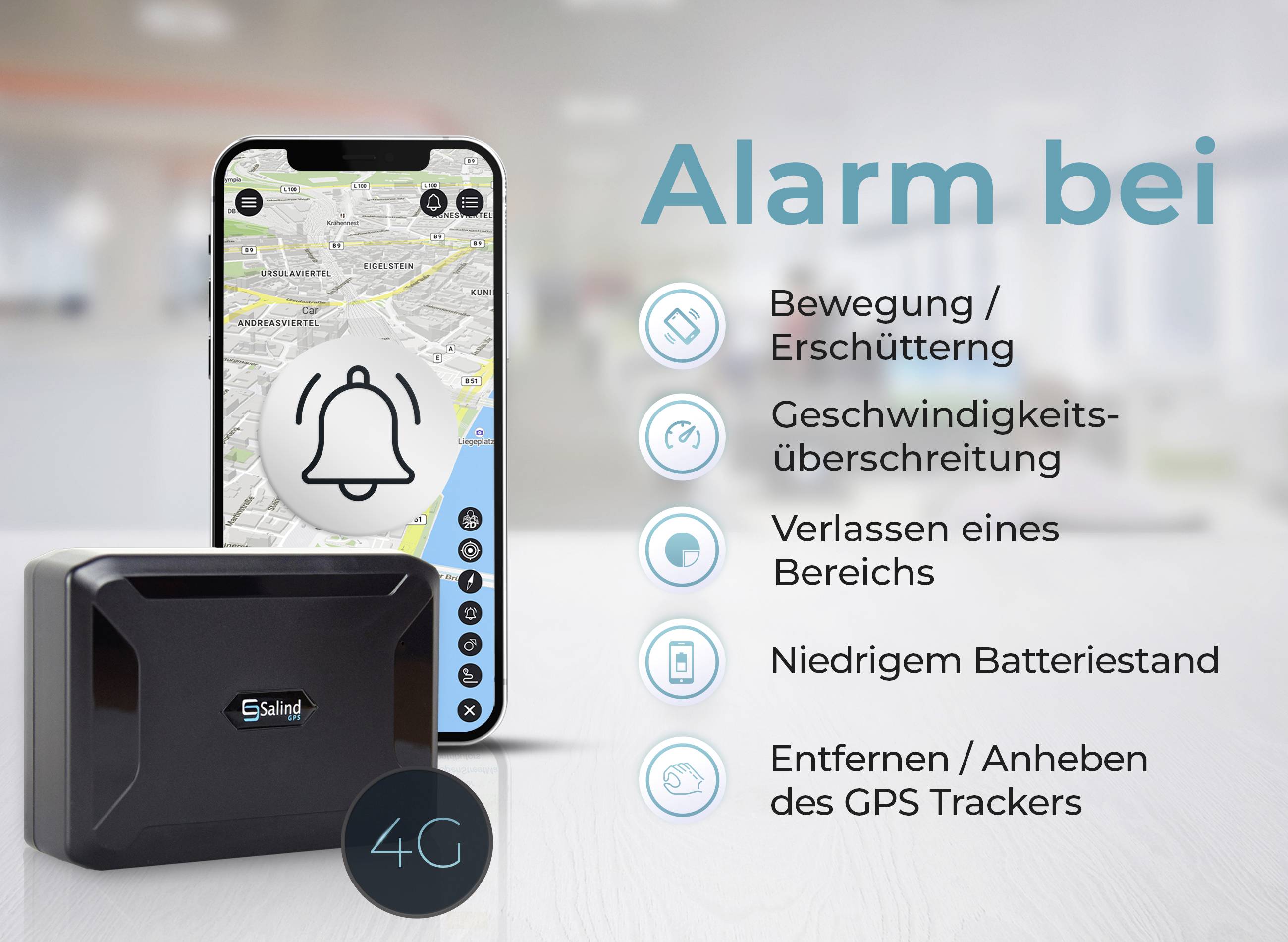 'Allarme in caso di movimento, superamento della velocità, uscita da un'area, batteria scarica e rimozione del localizzatore GPS.'