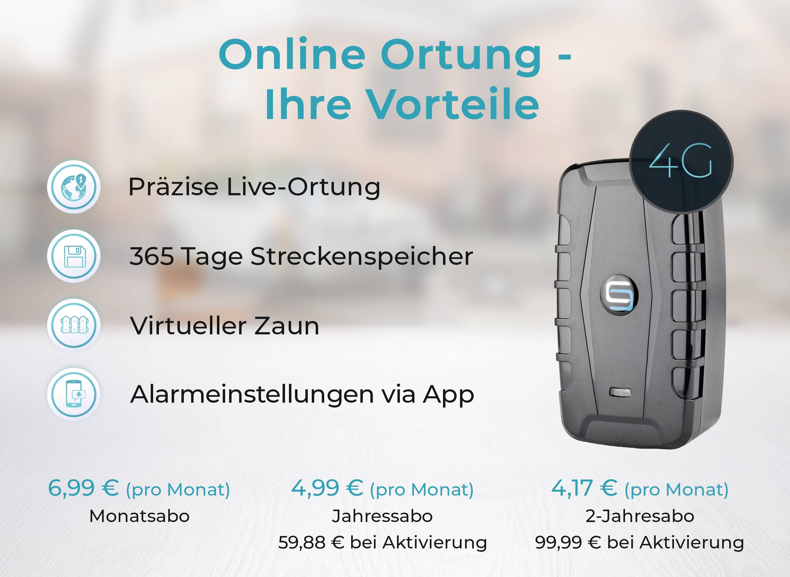 L'immagine mostra un dispositivo per geolocalizzazione online. Vantaggi: localizzazione precisa, cronologia percorsi, recinto virtuale, allarme tramite app. Opzioni di prezzo a partire da 4,17EUR.