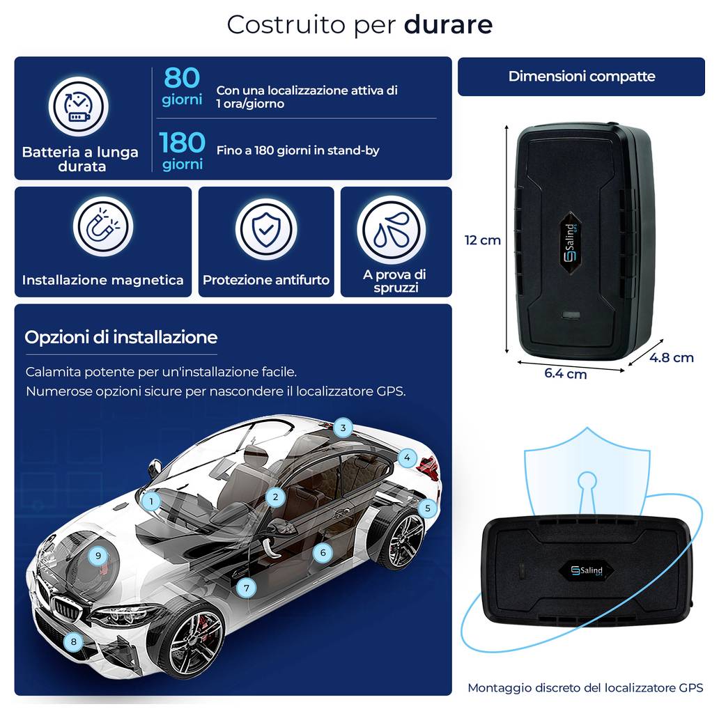 Localizzatore GPS 20 4G Salind con app per smartphone e confezione, per il tracciamento dei veicoli; simbolo 4G visibile.
