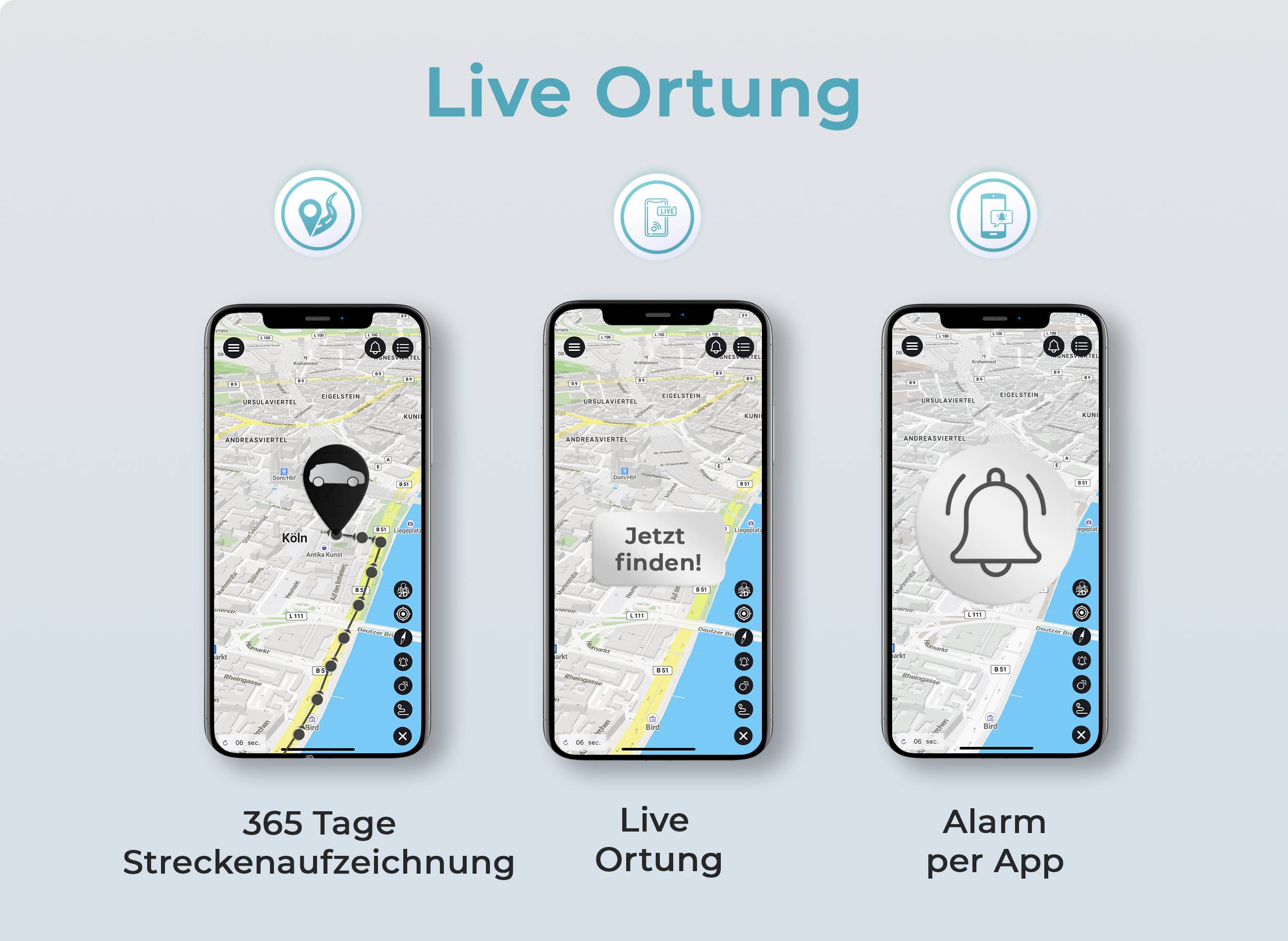 Tre smartphone mostrano un'app GPS con le funzioni 'Registrazione percorso 365 giorni', 'Localizzazione in tempo reale' e 'Allarme tramite app'.