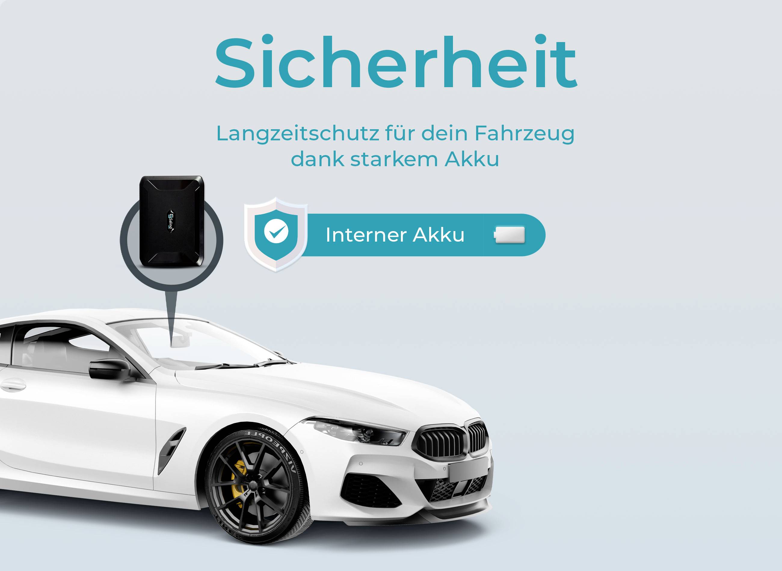 Auto bianco con testo 'Sicurezza: protezione a lungo termine per il tuo veicolo grazie a una batteria potente.' Grafica mostra 'Batteria interna'.